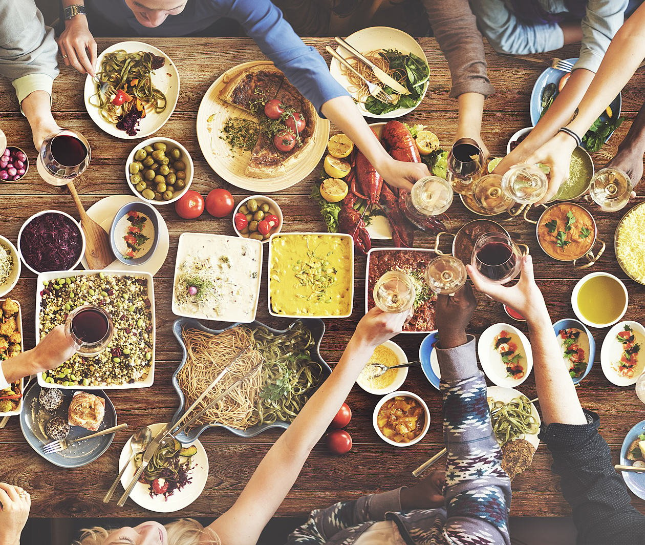 An table seen from above with healthy foods