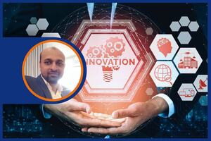 A business-themed graphic with a glowing Innovation icon made of gears, surrounded by tech symbols. A suited man’s photo appears in a circular frame on the left. The design highlights innovation and digital transformation.