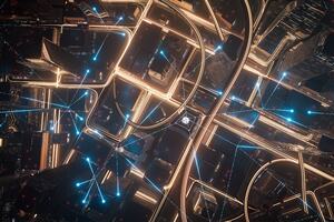 Arial view of a city in the dark with lights connecting the buildings