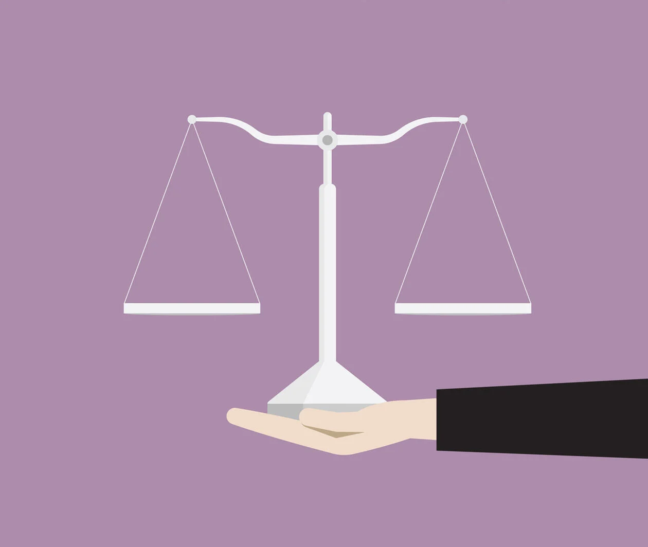 An illustration of a hand holding an equal-arm balance to represent the rule of law.