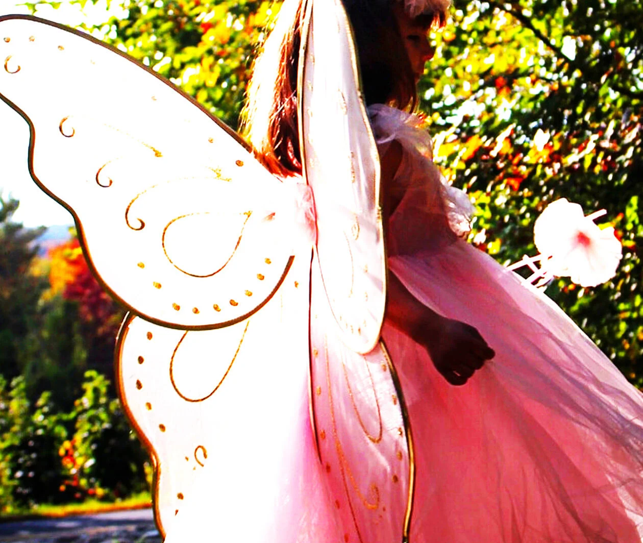 Young girl dressed in a fairy costume roaming around a garden