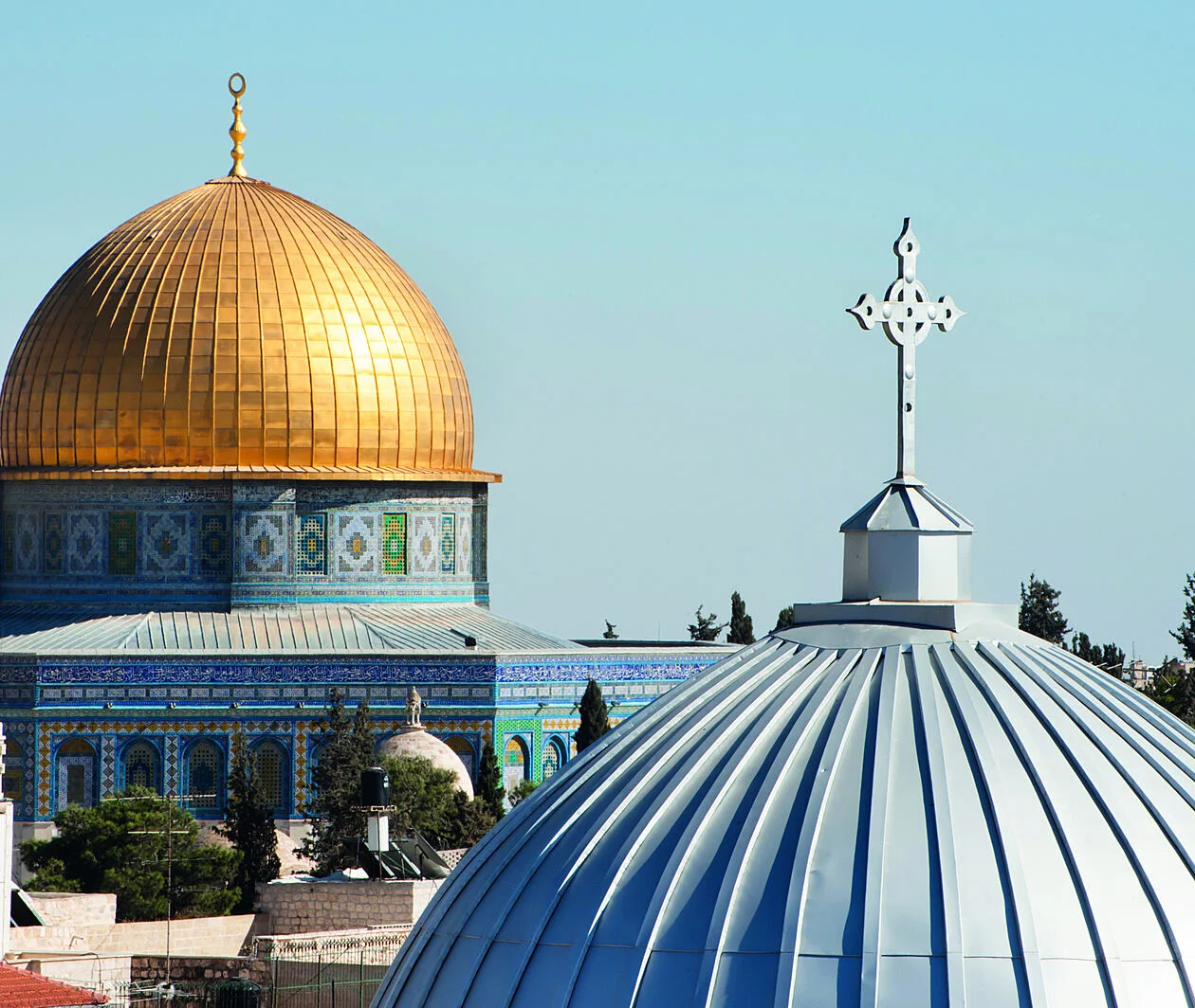 A photo of a mosque and a church.