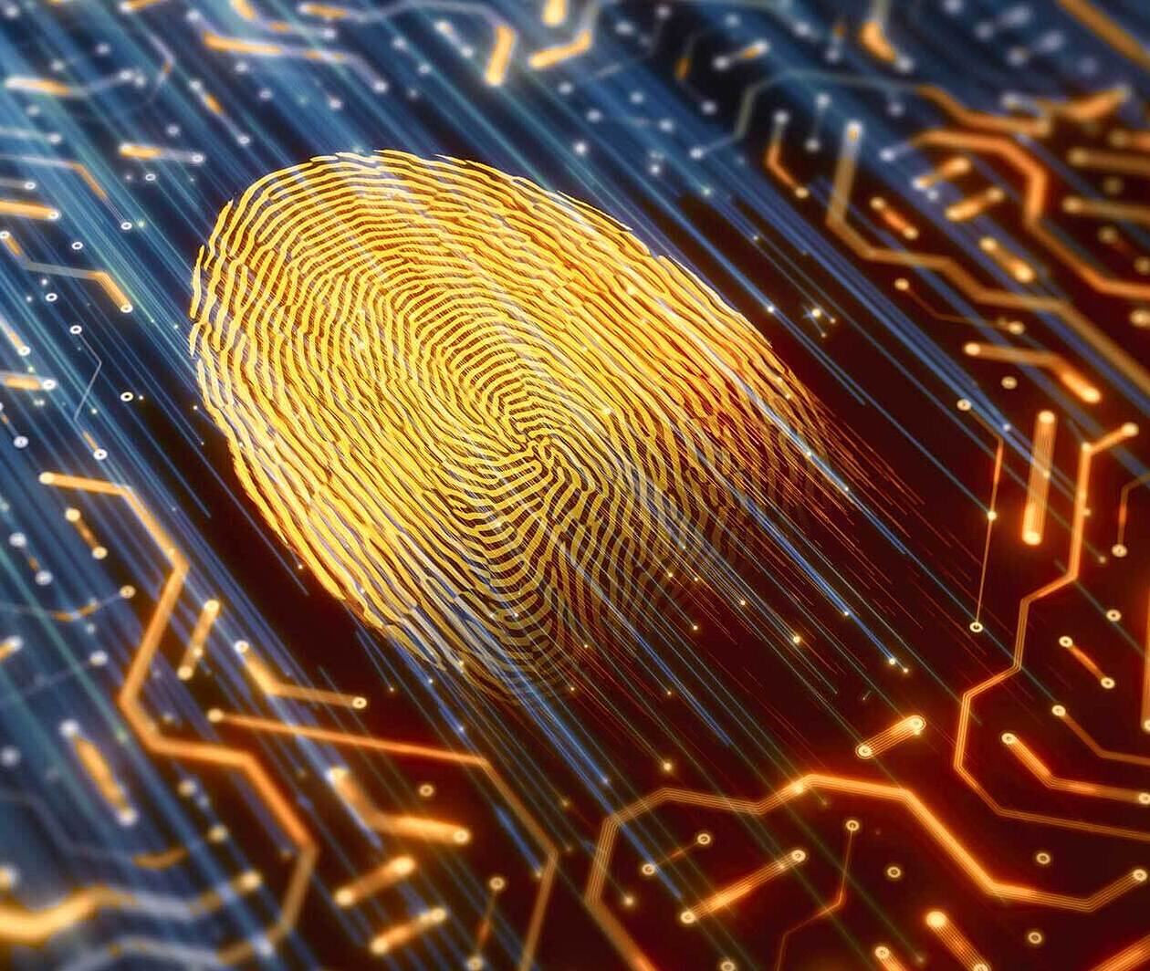 A yellow fingerprint with digital patterns surrounding it. 