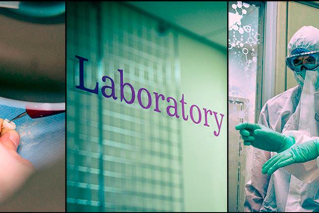 Three images together: The one on the far left is an image of a loose tooth being drilled for isotopes, the middle image is the door of the lab and the right image is of people in white coveralls for working with DNA