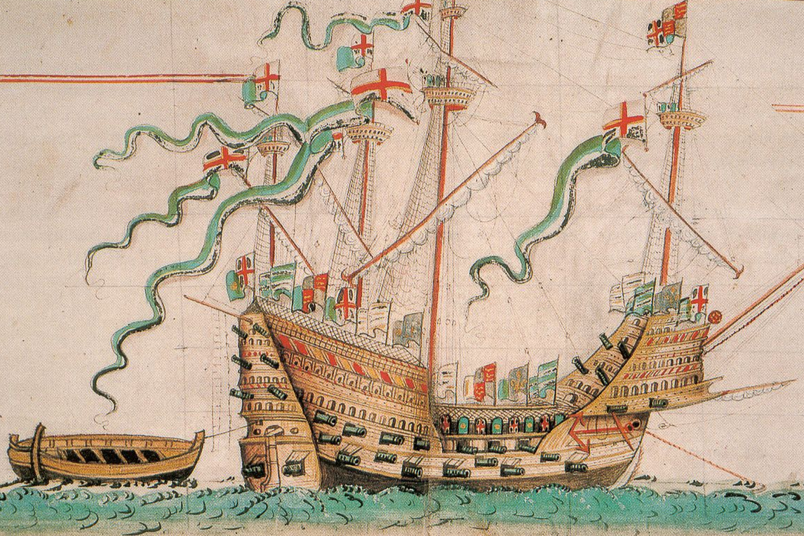 16th century print of the Tudor ship, the Mary Rose