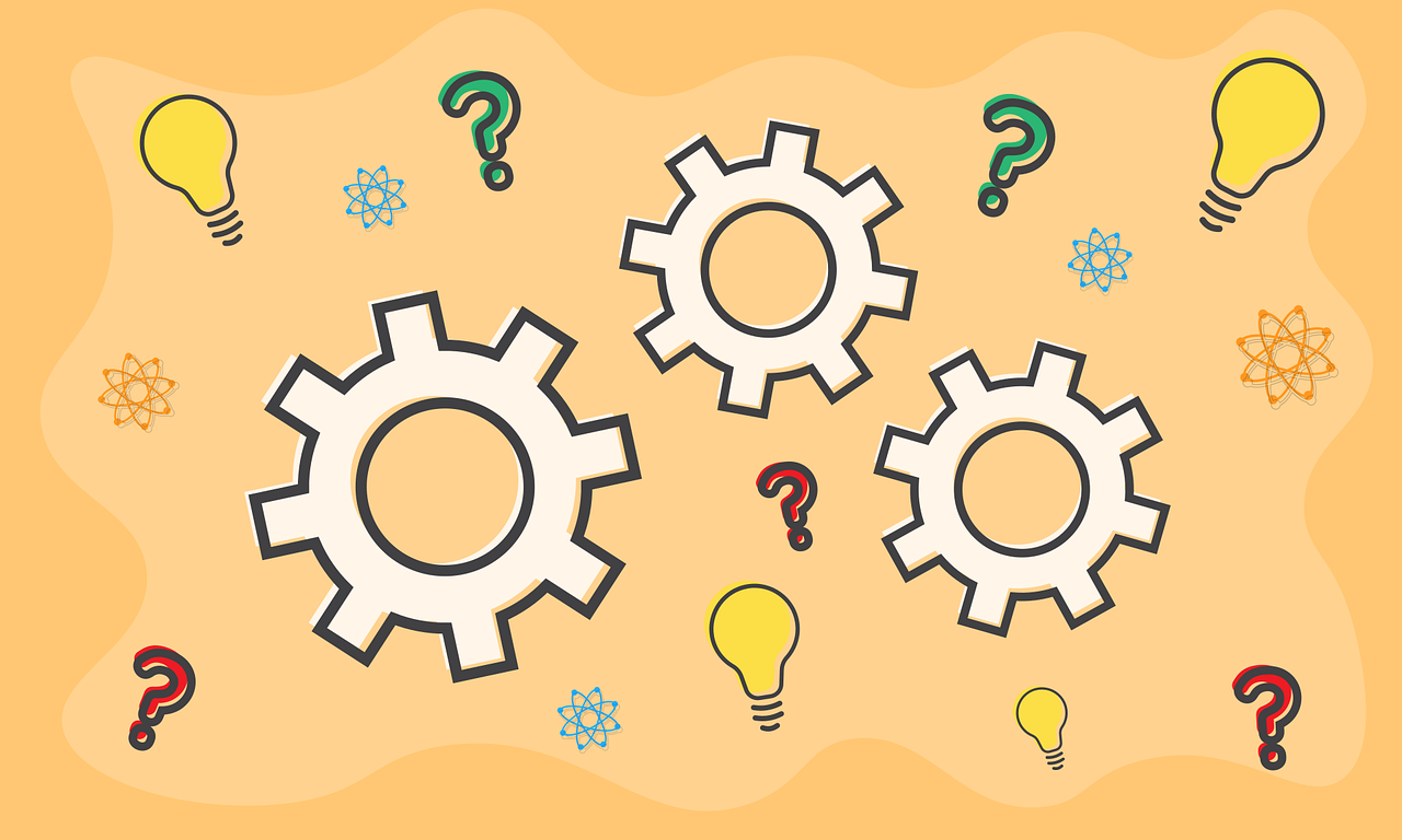 A collage of gears, lightbulbs and question marks