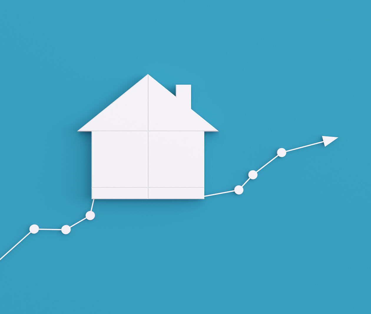 Graphic of a house made out of paper sitting on a financial bar chart.