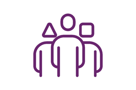 three people standing next to each other. One has a triangle in place of their head, the others have a circle and a square
