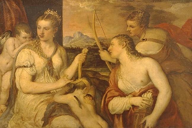 The image shows Venus as a nude and the mischievous figure of Cupid walking at her side, carrying a honeycomb.