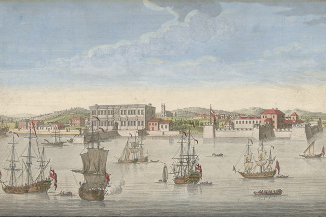 Engraving of ships in the harbour at Bombay. In this view we can see the custom house, the Church of St Thomas and the flagstaff of Bombay.