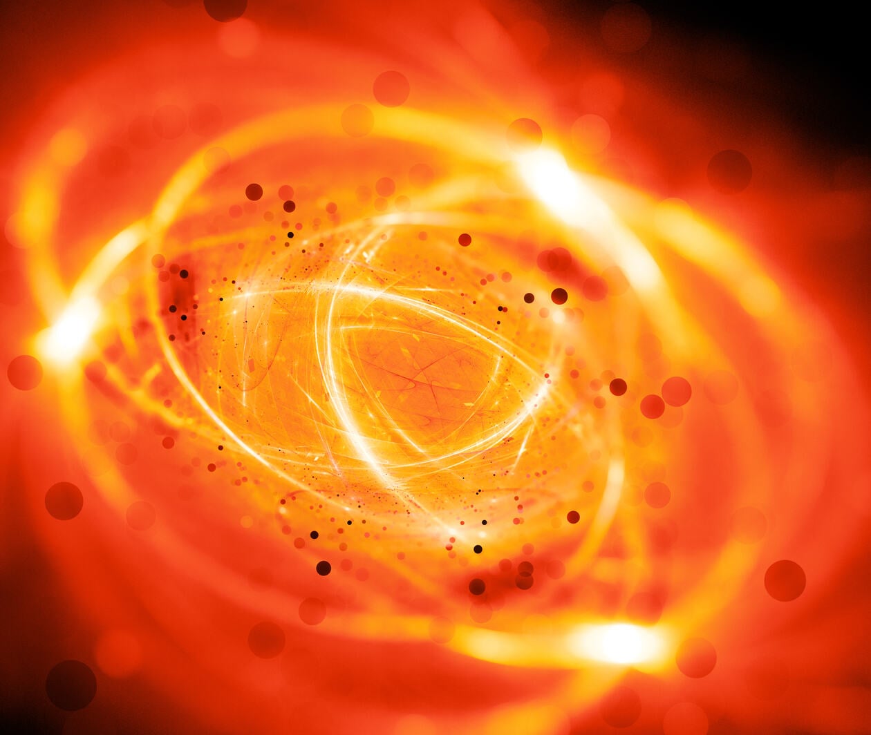 An abstract, glowing orange and red illustration representing atomic energy.