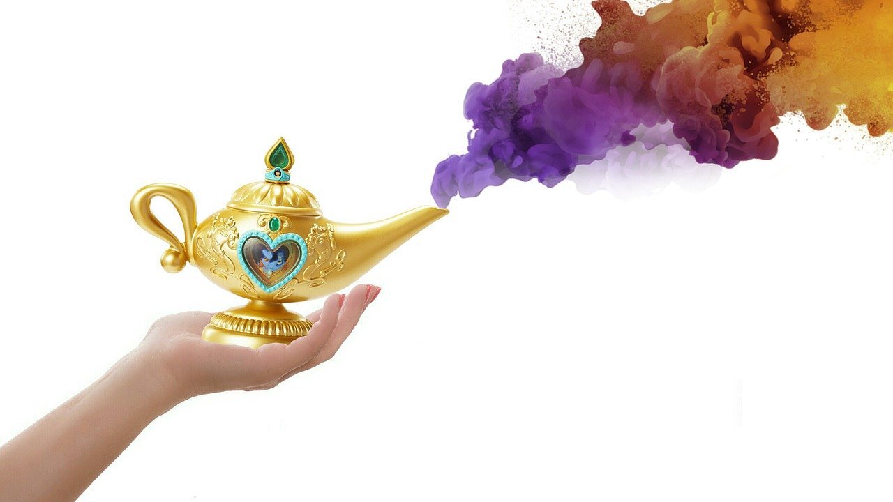 A hand holds a 'magic lamp' with weirdly coloured smoke pouring from the spout