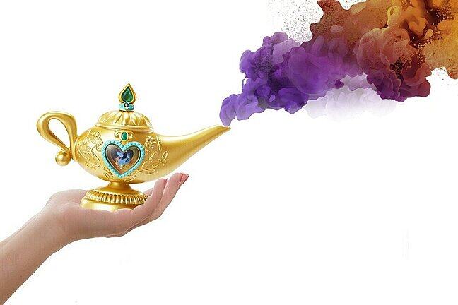 A hand holds a 'magic lamp' with weirdly coloured smoke pouring from the spout