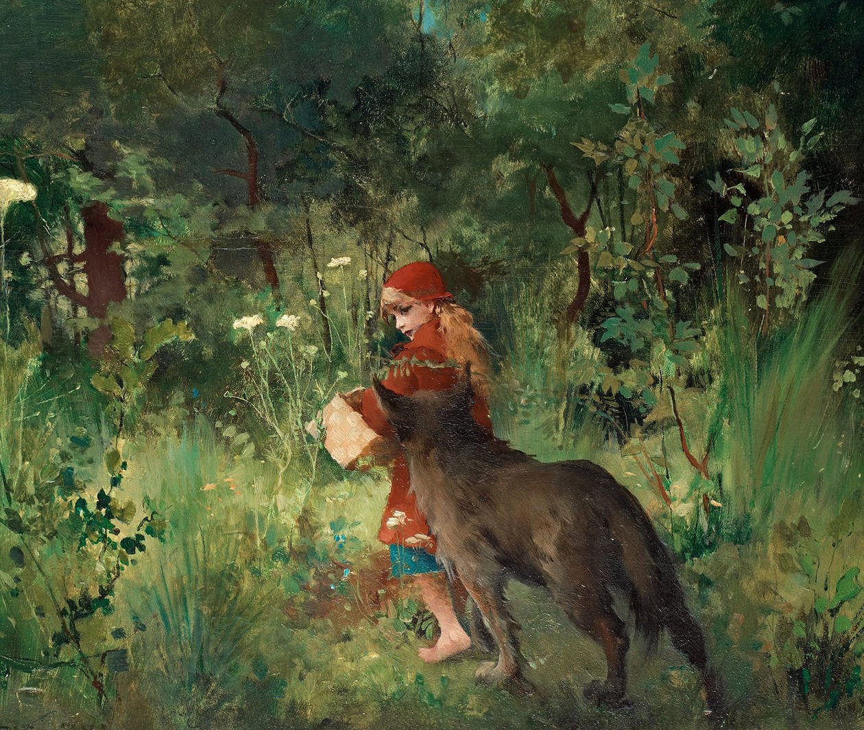 A painting of Little Red Riding Hood walking into a forest with a wolf alongside her.