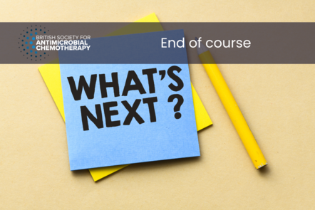 A scrap of paper with "what's next" written on it and a pencil to the side. Title text reads "End of course". 