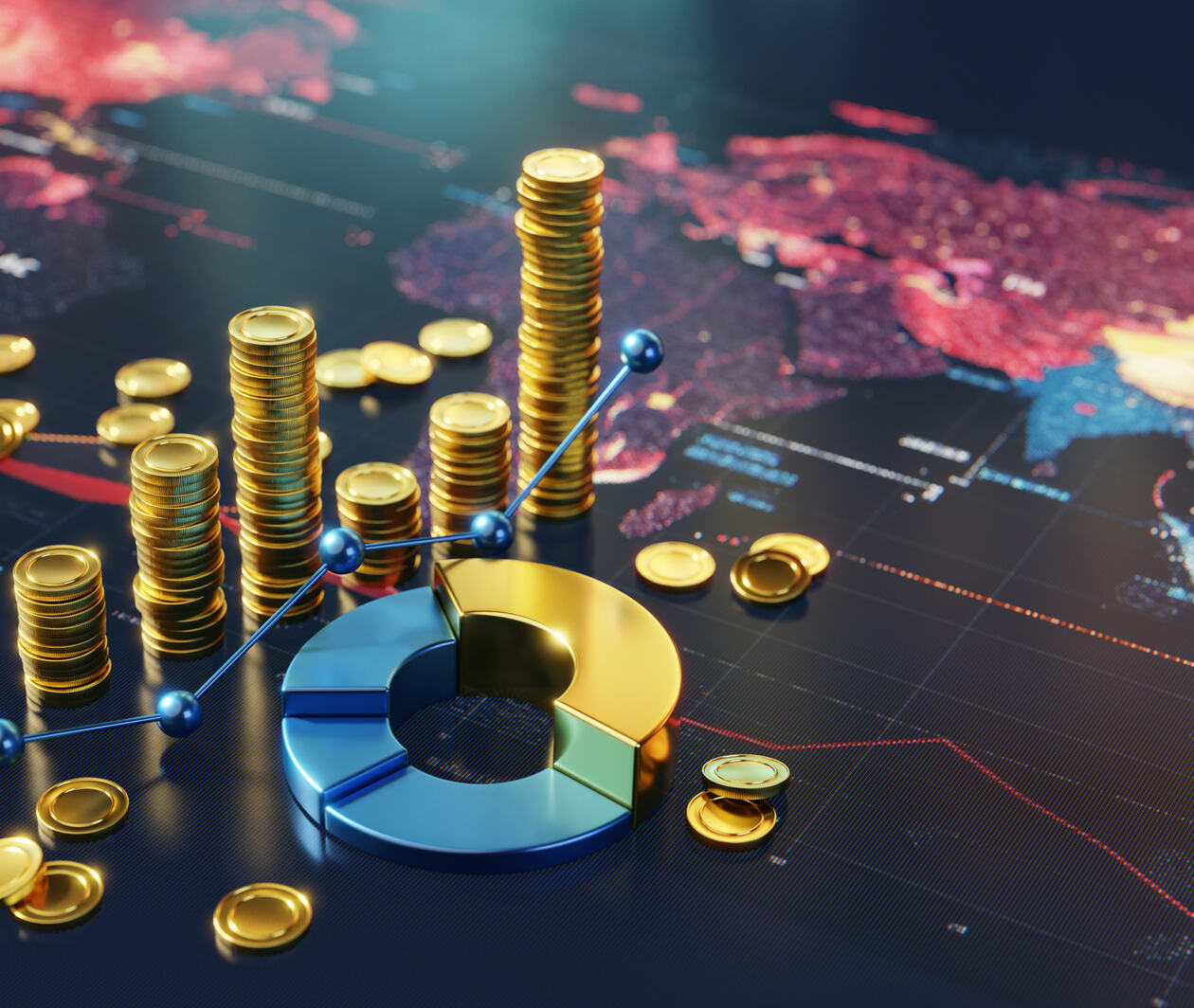 A creative representation of global finance using gold coins, charts, and a colourful world map, symbolising economic potential and diversification.