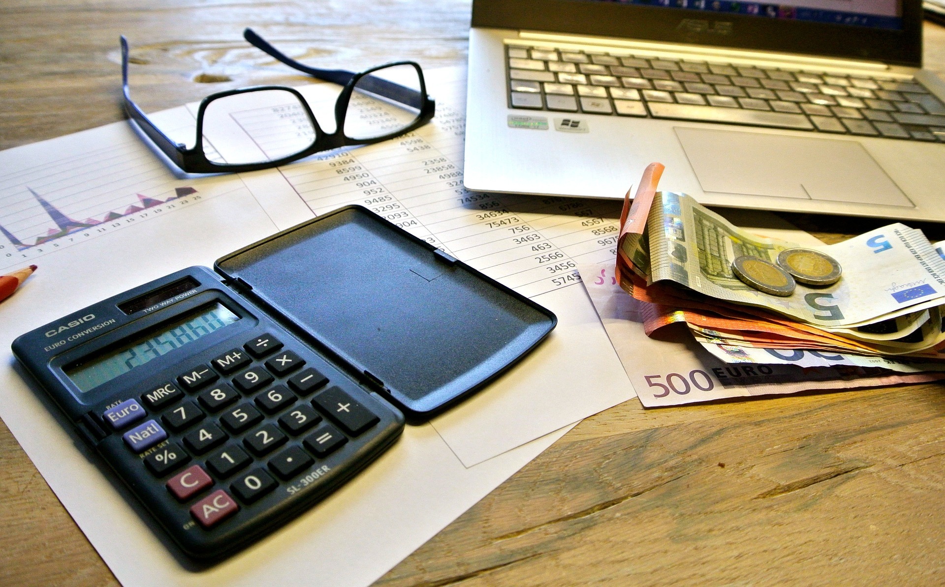 Calculator and Euros on desk