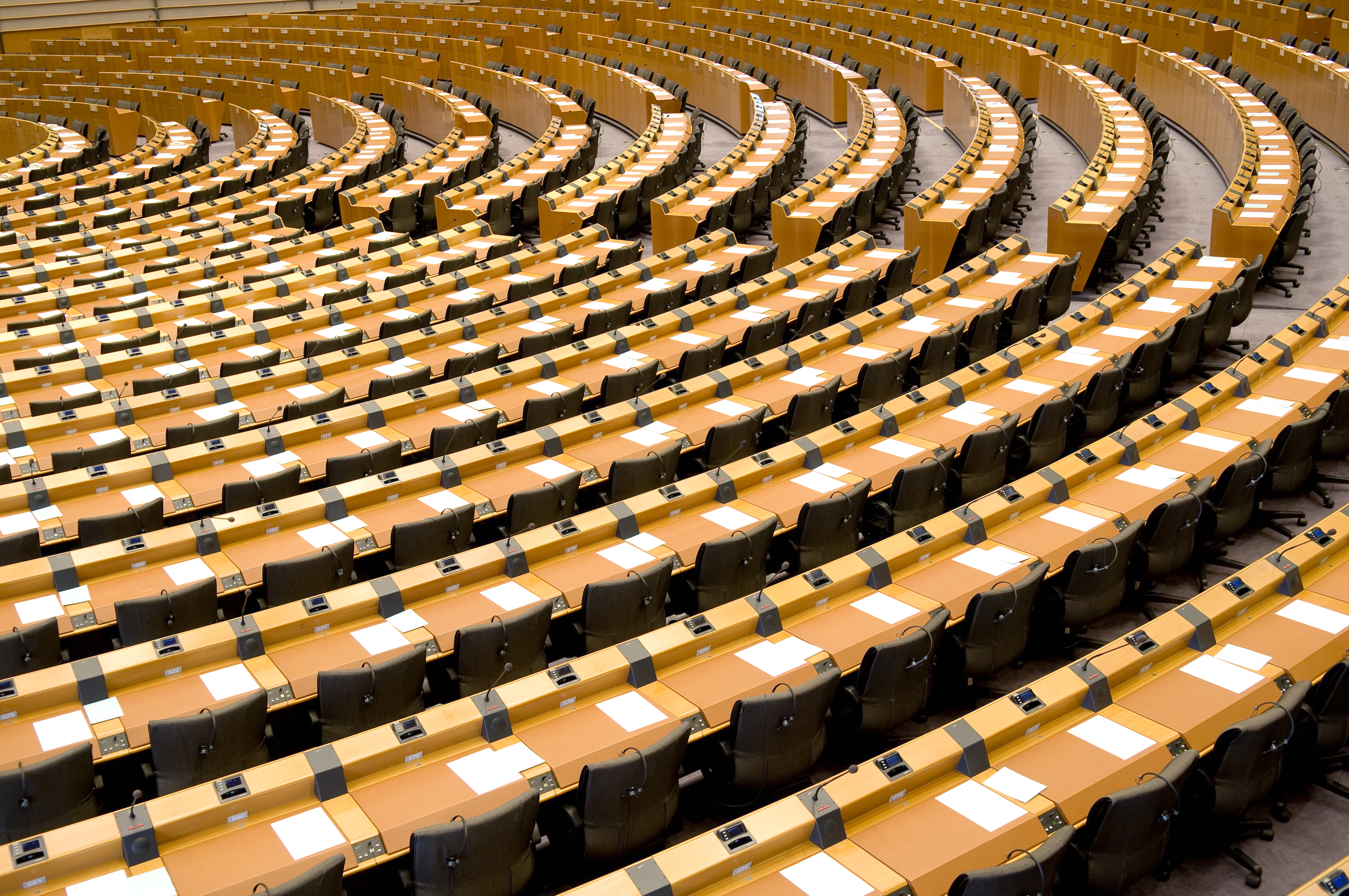 An empty assembly room in the European Parliament, Brussels.