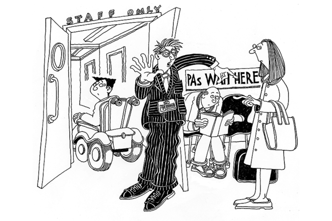 Manager telling PA's to wait outside a restricted area.