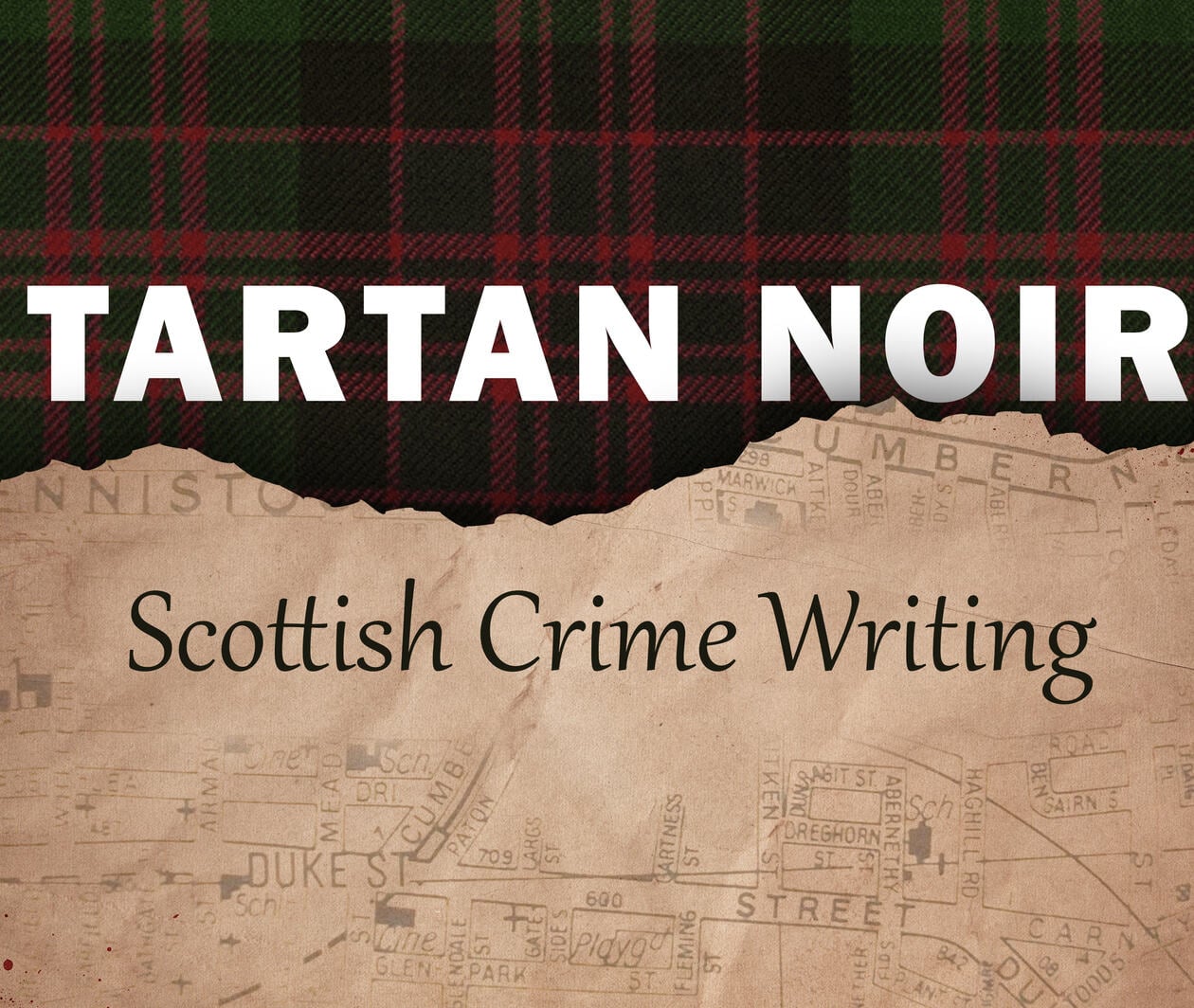 Graphic displaying tartan and torn page with map of Glasgow and the title of the course. 