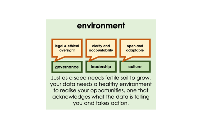 Image representing environmental factors - governance (legal and ethical oversight), Leadership (clarity and accountability) and culture (open and adaptable).r