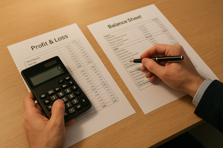 Close-up of a financial analyst’s hands at a desk, holding a calculator and marking a printed balance sheet with a pen. A printed profit and loss statement lies beside it, under warm lighting in a modern office setting.