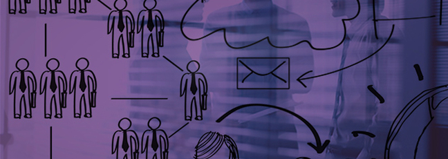 Management diagrams over a picture of people in the workplace