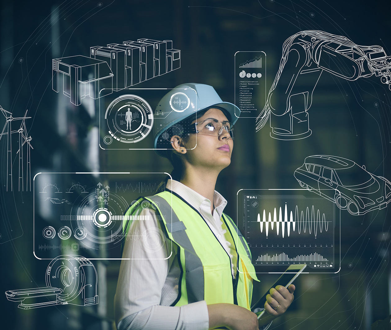 An engineer in hard hat, overlaid by technical drawings