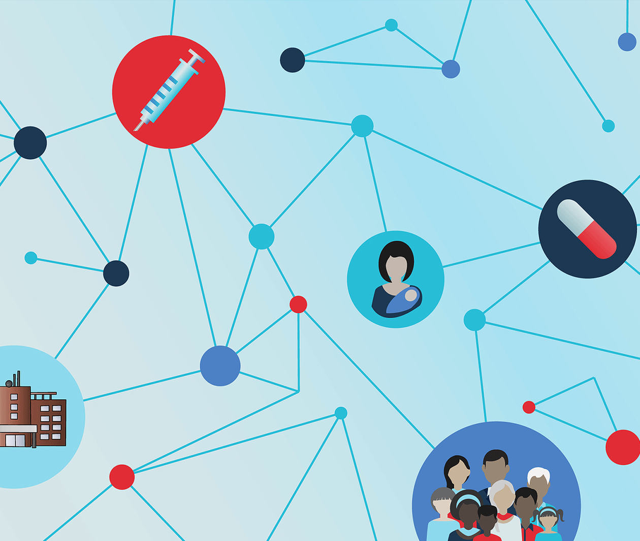 This abstract image depicts a typical health system. Nodes with health system elements (people, medication, finance, medical equipment and buildings) are connected by intersecting lines aiming to show the complexity of the health system. 