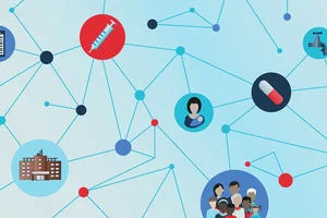 This abstract image depicts a typical health system. Nodes with health system elements (people, medication, finance, medical equipment and buildings) are connected by intersecting lines aiming to show the complexity of the health system. 