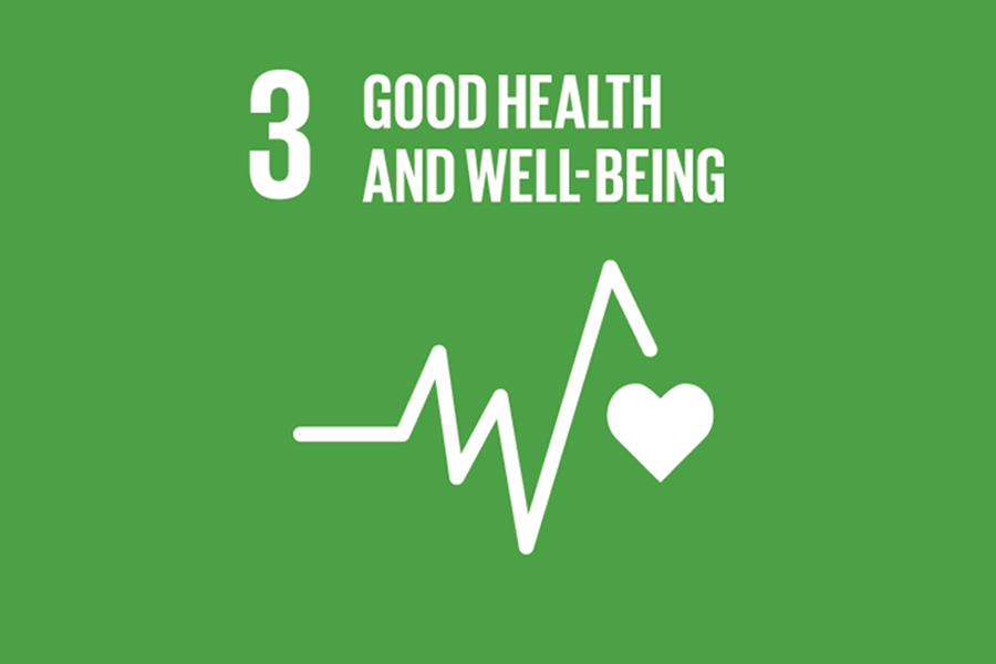 A green background with SDG 3: Good Health and Well-Being in text, with a heartbeat icon in white.