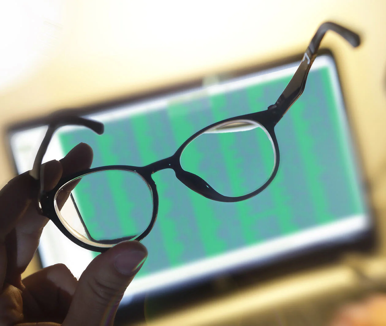 A man holds his glasses in front of a computer screen with a spreadsheet on it.