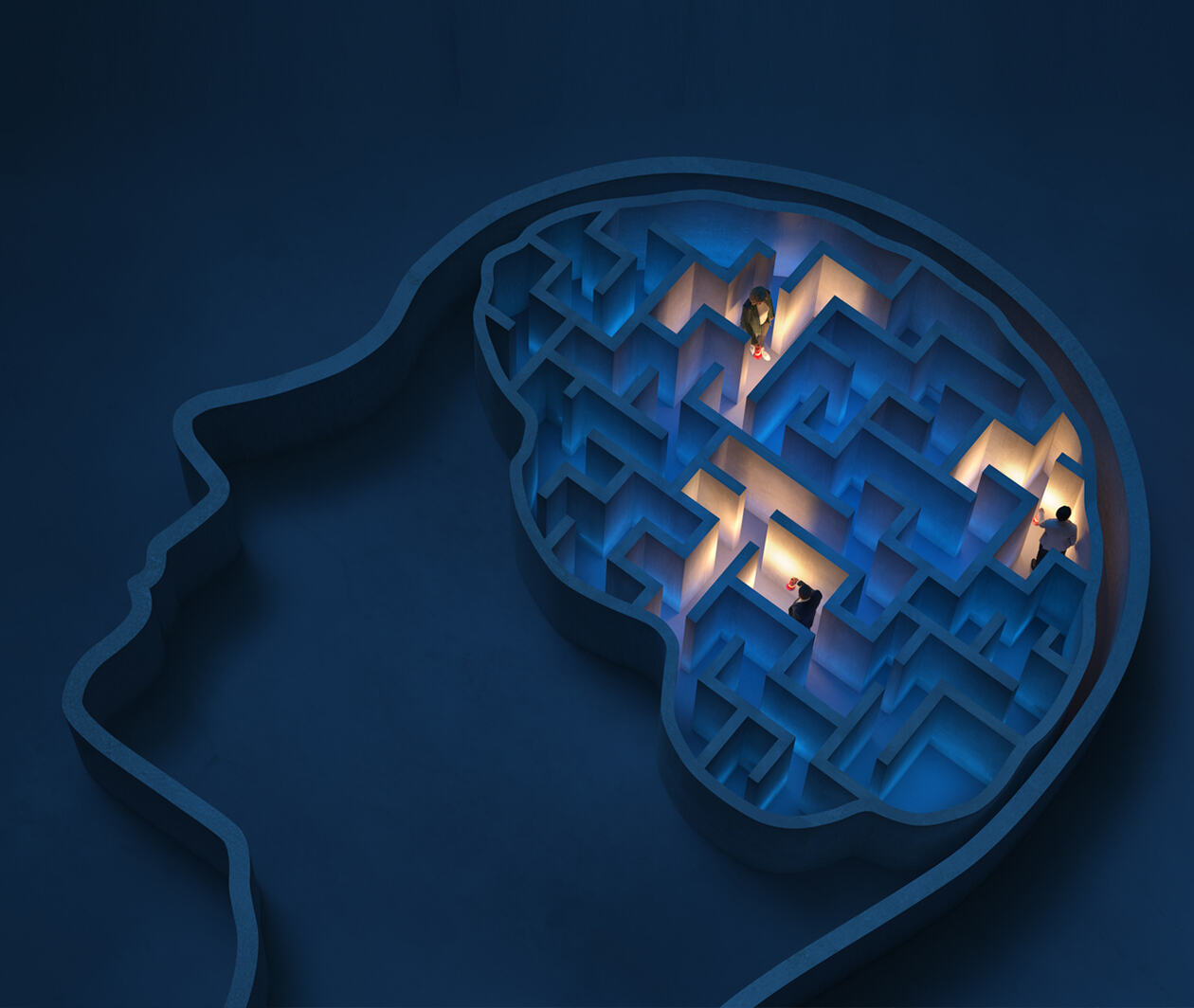 A blue 3D illustration of a maze-shaped human brain with 3 people in there seeking solutions to escape the room.