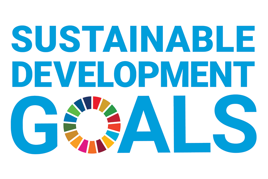 The logo for the UN SDGs. The words Sustainable Development Goals are shown in blue. The O of Goals is divided into 17 segments of different colours.