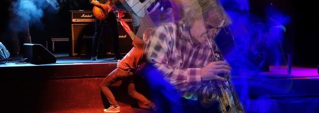 A collage of performing musicians. 
