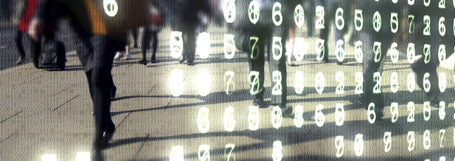 Learn to Code for Data Analysis course image: lines of code and data overlaid on an image of people walking down a street