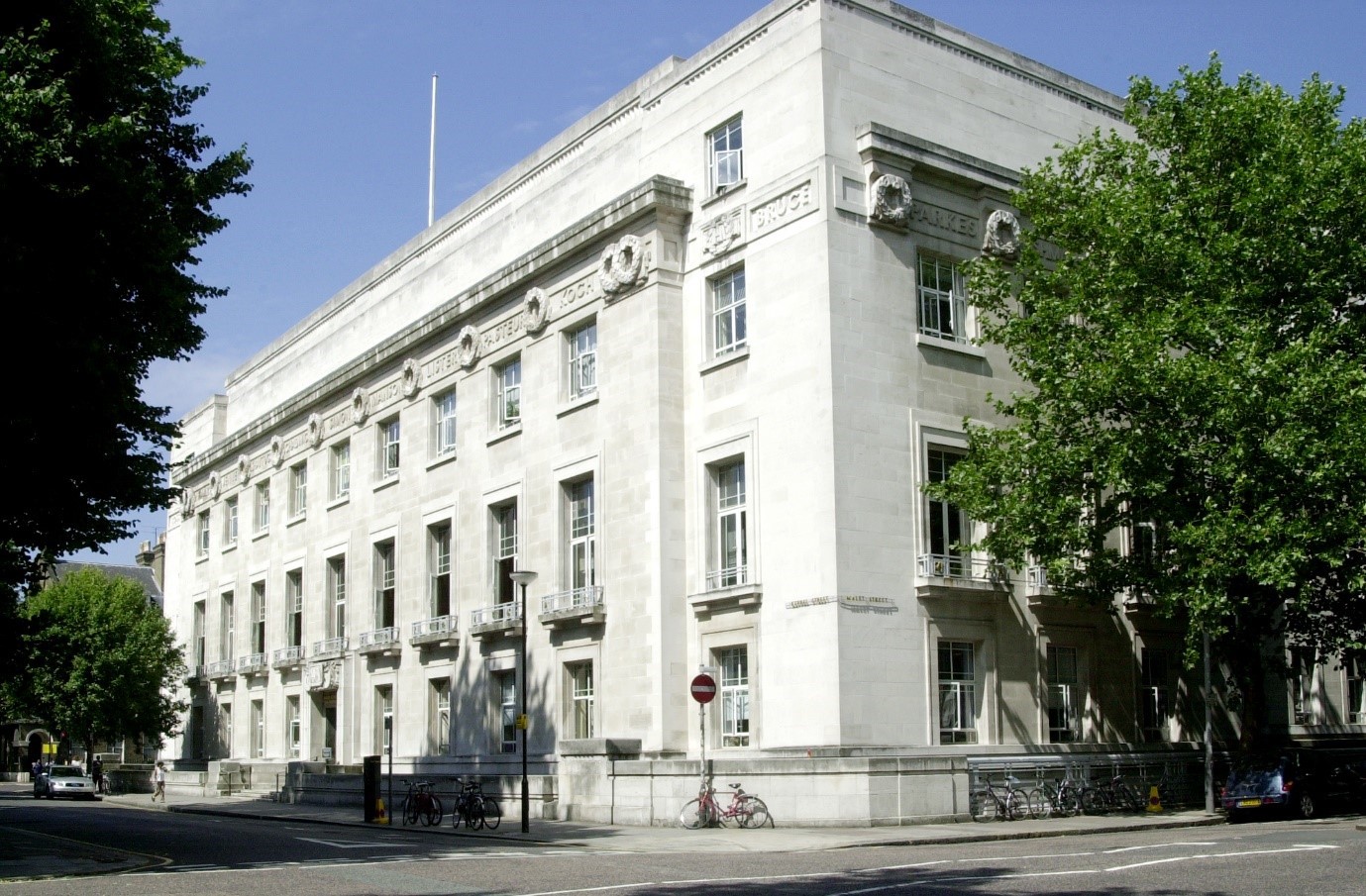 The main campus of the London School of Hygiene & Tropical Medicine. It is a large square Georgian building.