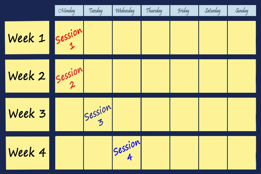 Monthly diary sheet with one training session planned per week.