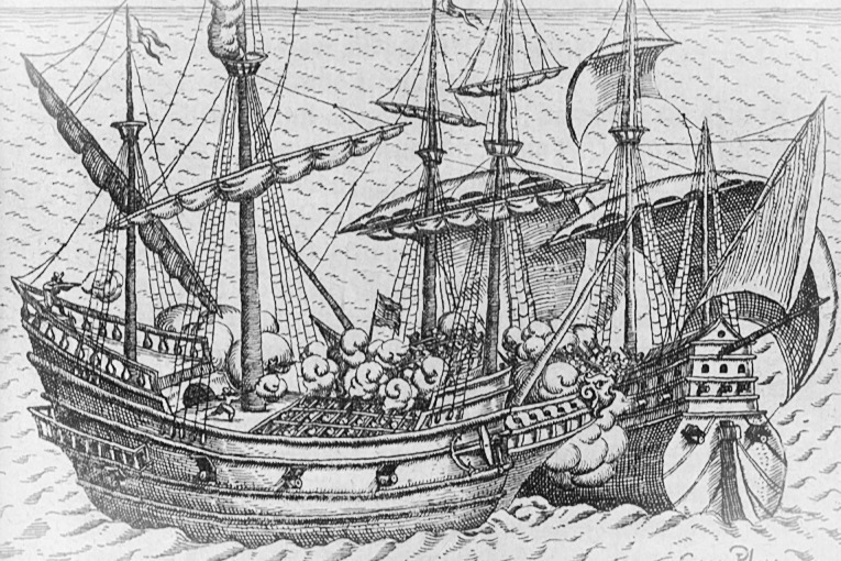 A 16th century engraving of two ships engaging in naval combat.