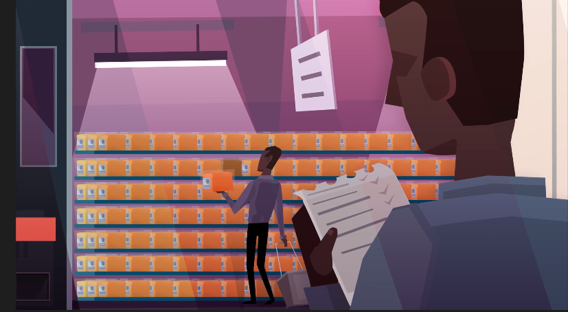 Graphic showing supermarket shelves full of baked goods, a shopper selecting one and a person in the foreground checking off a list.