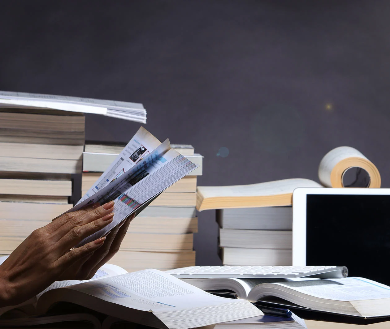 Girl reading many textbooks on table