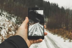 A hand holding a phone up to take a photo in the wilderness