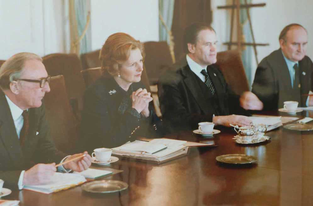 Margaret Thatcher in the White House Cabinet Room meeting with President Jimmy Carter.