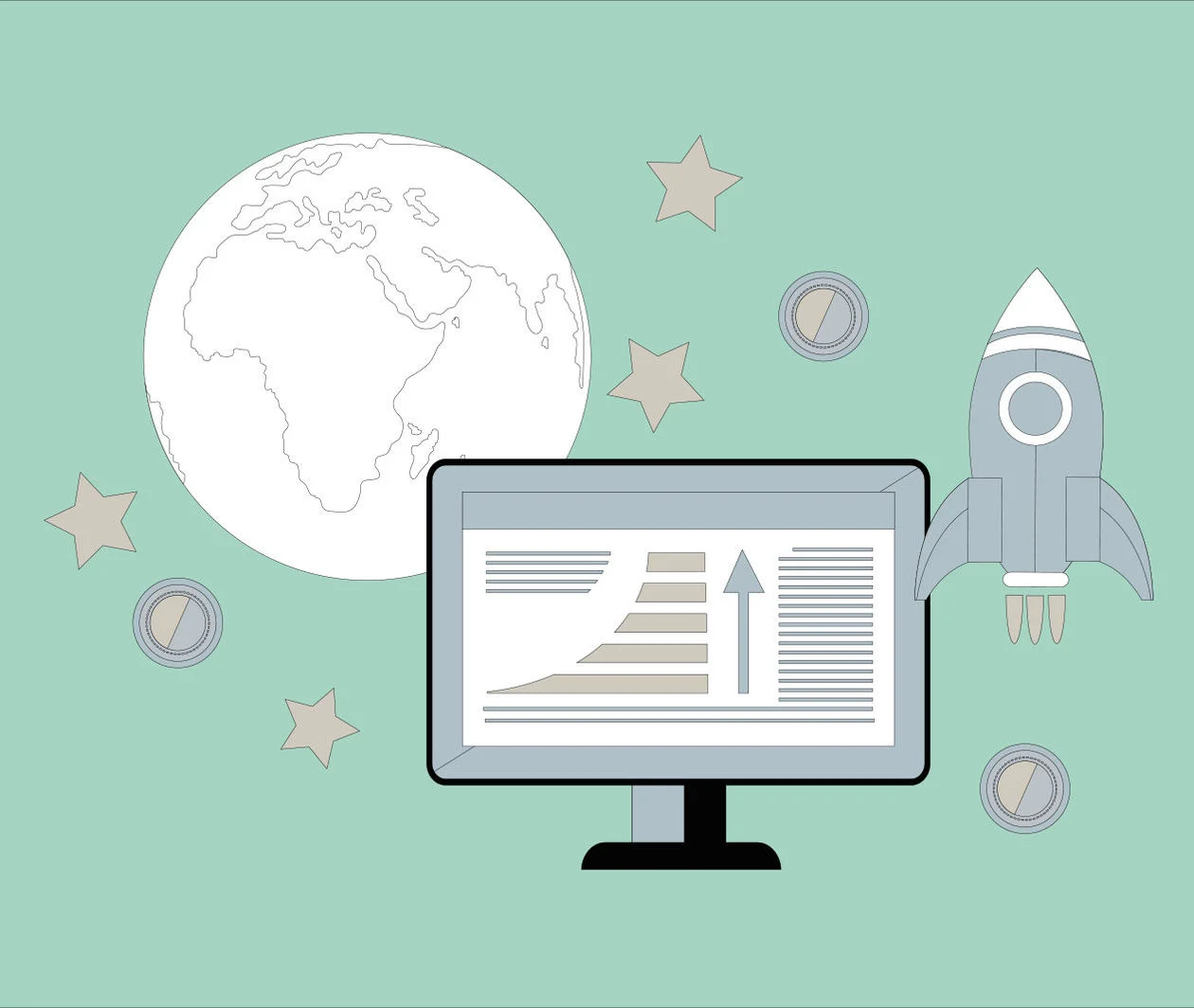 A graphic showing a globe, a profit graph and a rocket – a metaphor for effective supply chain management