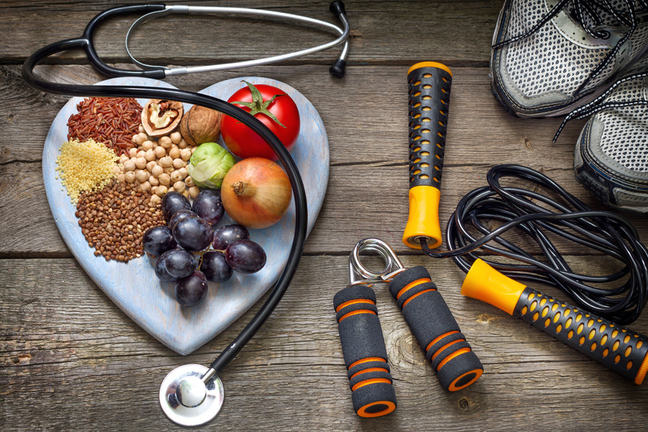 Fibrous food items, with running shoes, stethoscope, jump rope and hand grips.
