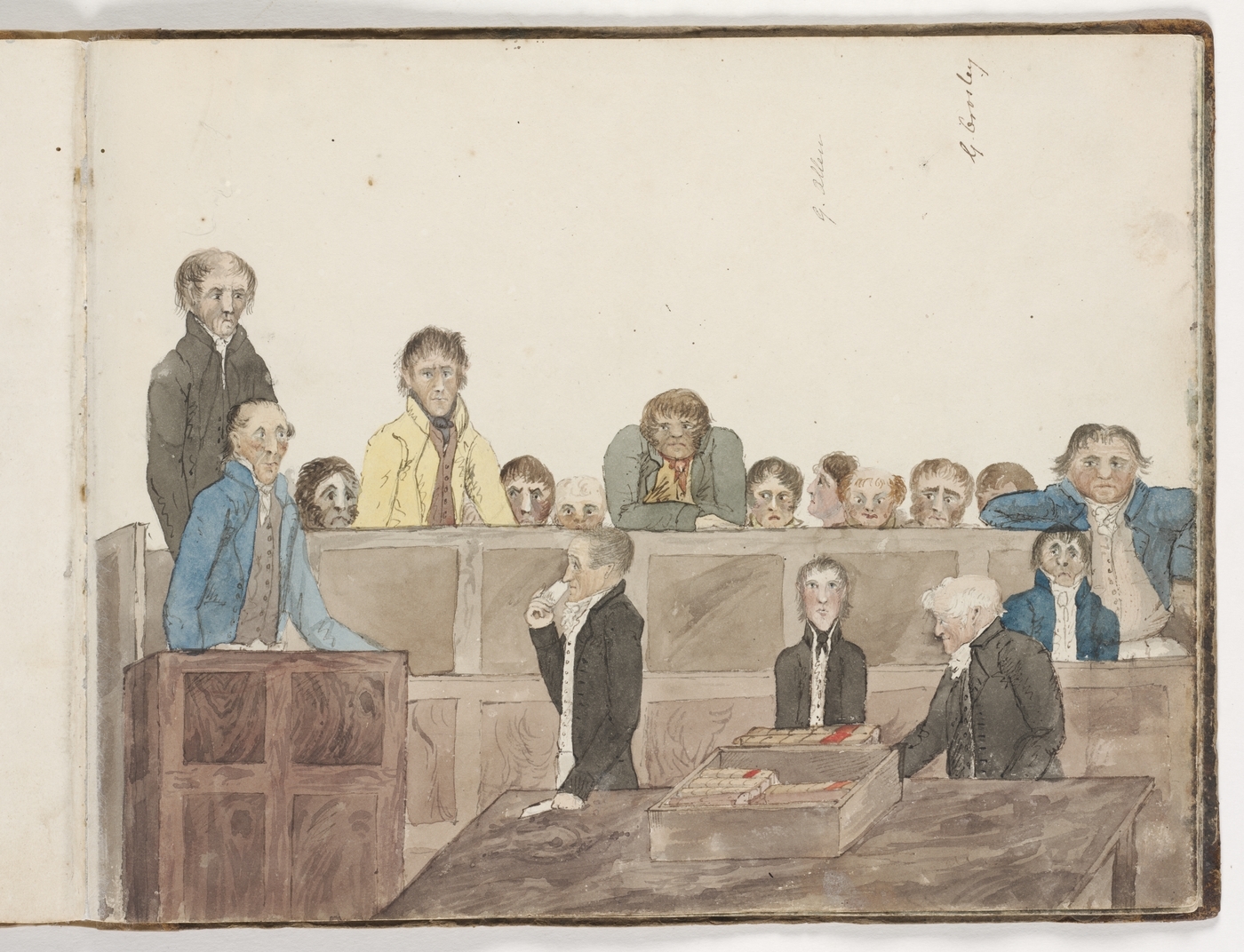 A man speaking to a judge while onlookers peer from a bench