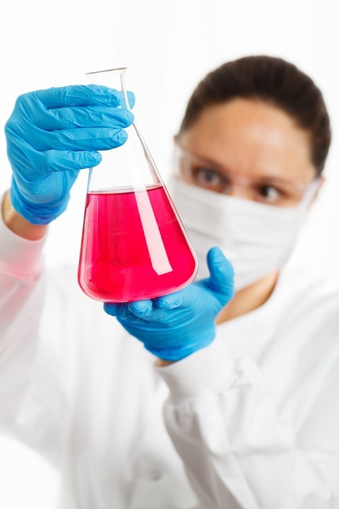 Scientist looking at a red liquid in a conical flask