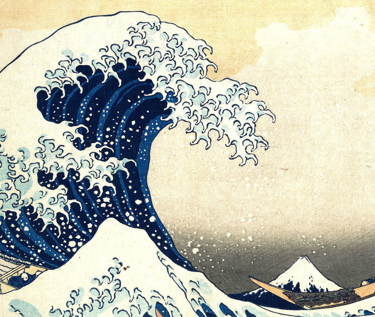 The Great Wave off Kanagawa, by Japanese artist Hokusai. The image depicts an enormous wave threatening boats off the coast of the prefecture of Kanagawa.