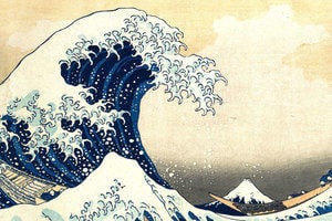 The Great Wave off Kanagawa, by Japanese artist Hokusai. The image depicts an enormous wave threatening boats off the coast of the prefecture of Kanagawa.