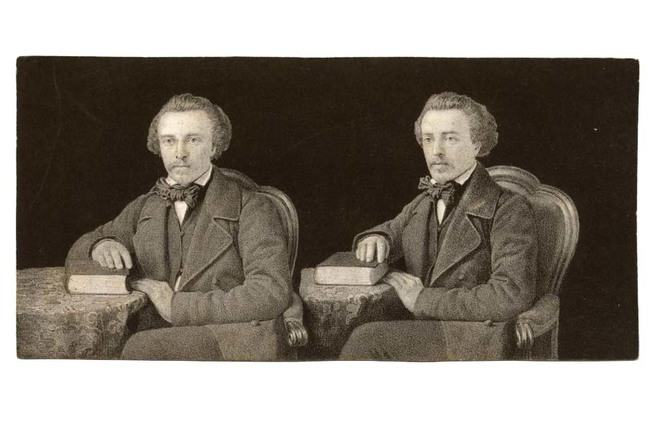 Two slightly different images of Louise Jules Duboscq seated a table, his right hand resting on a book on the table.